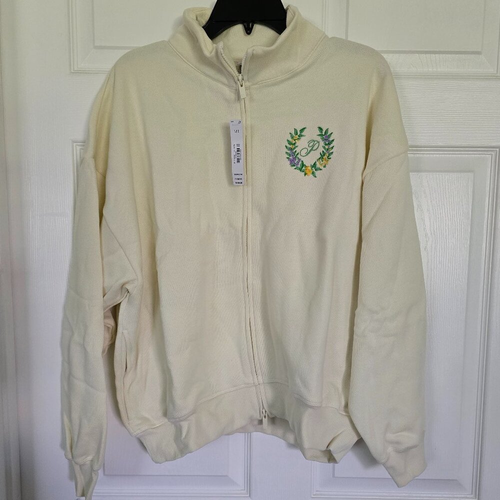 NWT VS PINK L Cream Floral Zip up Logo Jacket